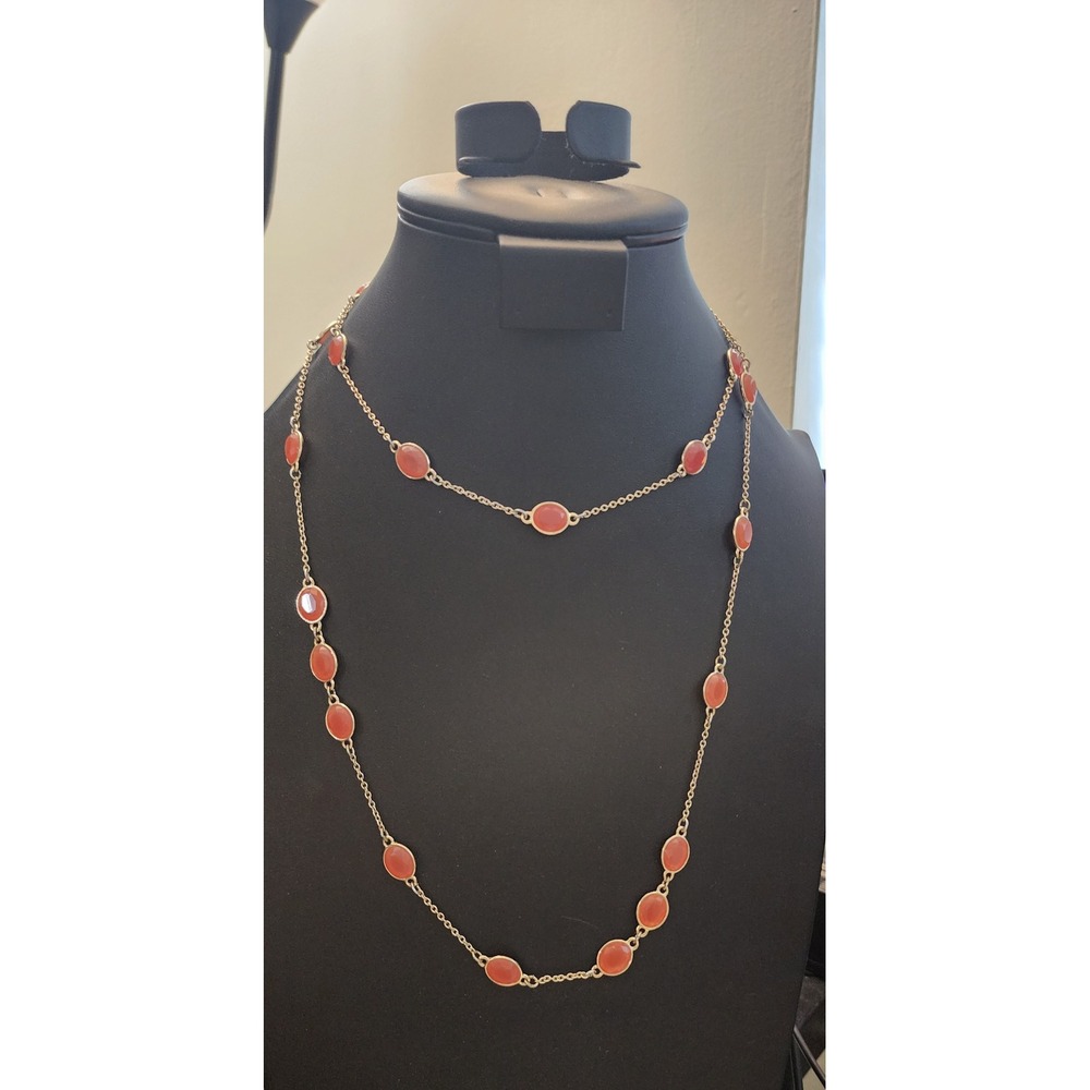 Ann Taylor Gold Tone Coral Oval Stone Long Station Necklace